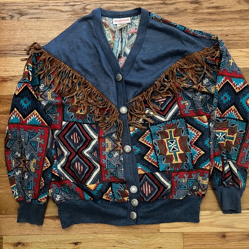 Vintage Young Stuff Southwestern Fringe Cardigan‎ Sweater Women's L